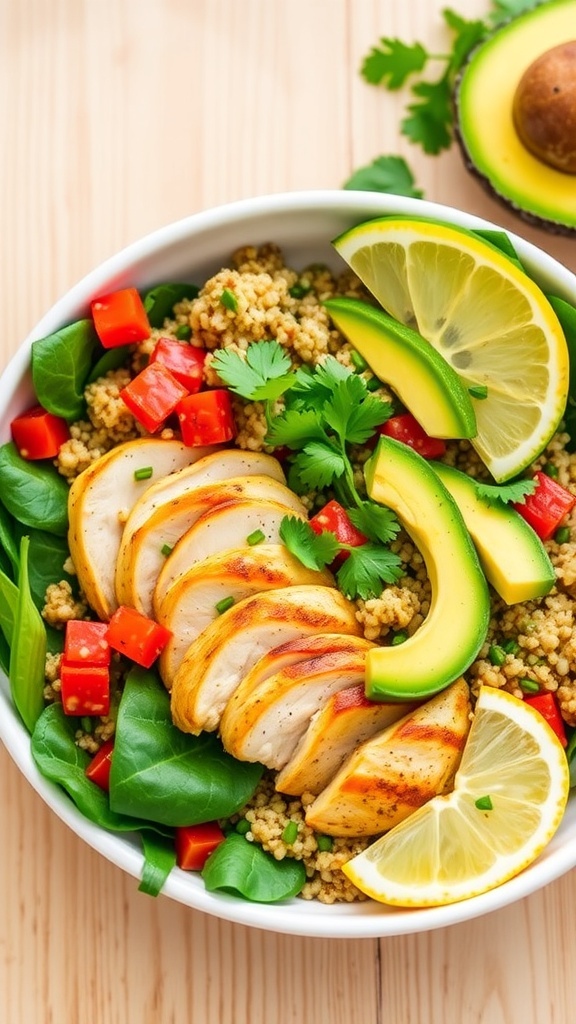 A nutritious chicken bowl with grilled chicken, quinoa, spinach, bell peppers, and avocado, garnished with lemon and cilantro.